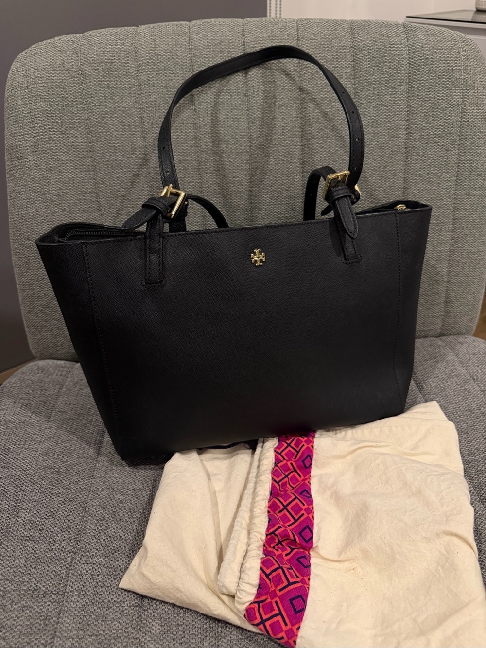 Tory Burch Black Saffiano Leather Tote with Gold Logo